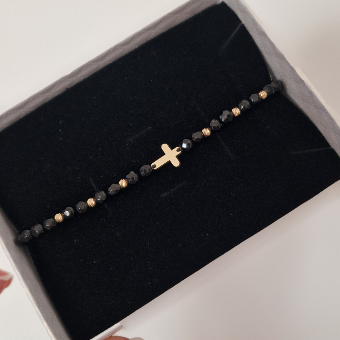 Bratara cruciulita  ,bile aur,14k  snur și onix [4]