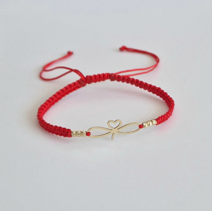 Bratara cu snur  inimă ,infinit și bile aur 14 k [4]