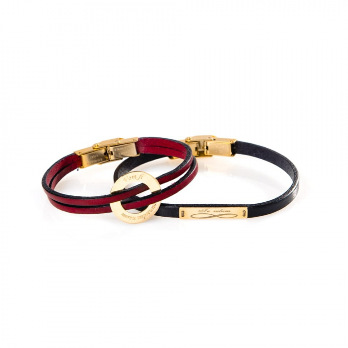 Set Bratari cuplu personalizate , piele, disc, tablita aur 14k [2]