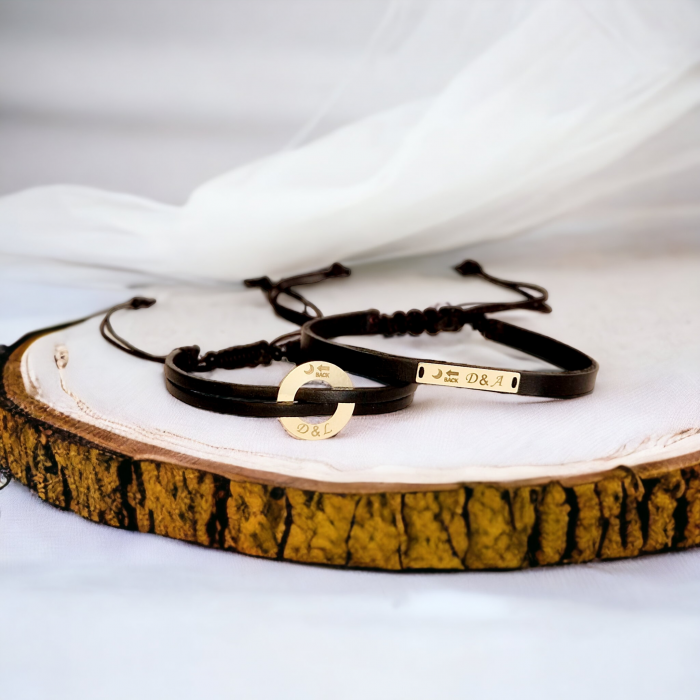 Set Bratari cuplu personalizate , piele, disc, tablita aur 14k [3]