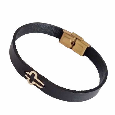 OFERA UN CADOU - Bratara barbati cruciulita aur 14 k si piele