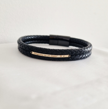 Bratara barbati cu tablita aur 14k si piele impletita [5]