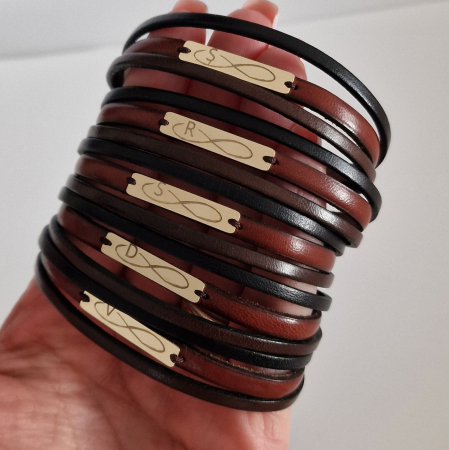 Bratara barbati tablita aur 14k și piele triplă [9]