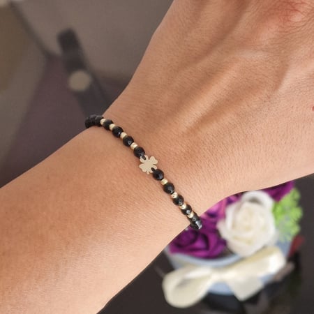 Brățări aur 14k - Brățară cu bile , trifoi aur și pietre semiprețioase onix