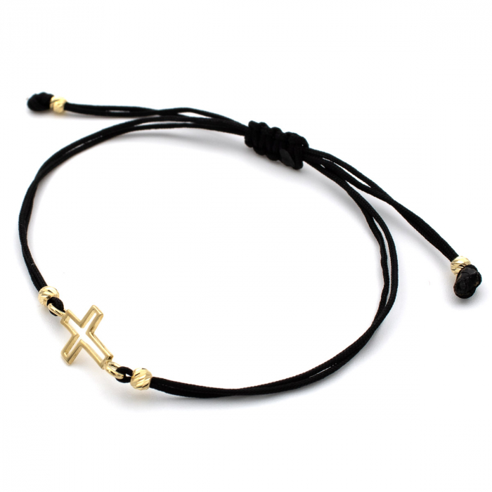 Brățară cu cruce din aur 14K pe șnur negru – model Believe [3]