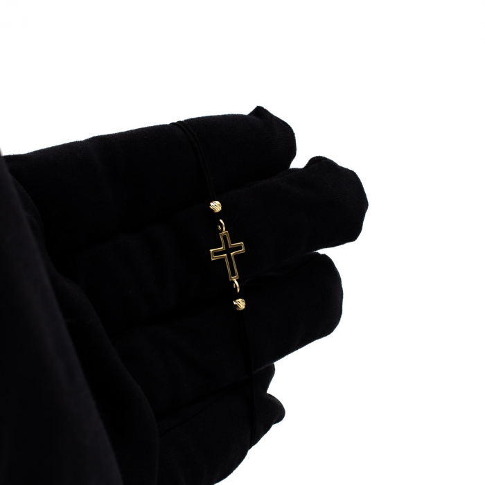 Brățară cu cruce din aur 14K pe șnur negru – model Believe [2]
