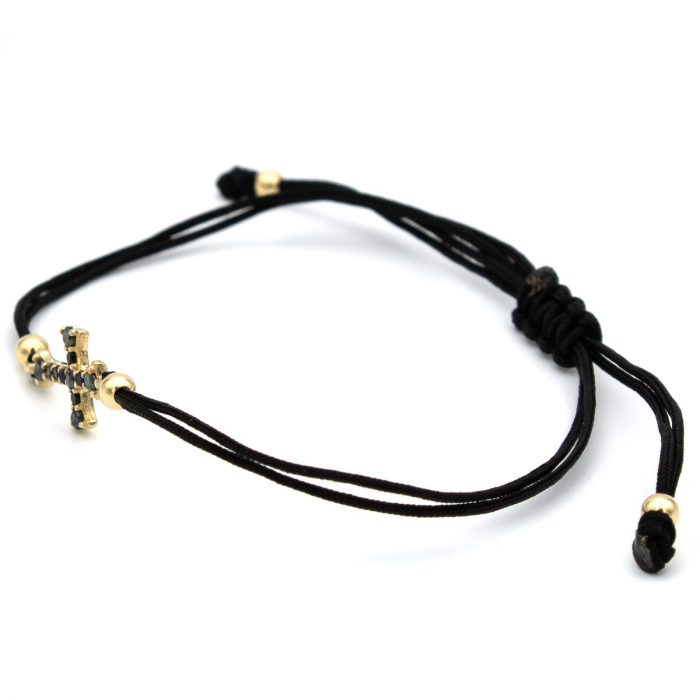 Brățară Blessing din aur 14K cu cruce și șnur negru, unisex, ajustabilă [6]