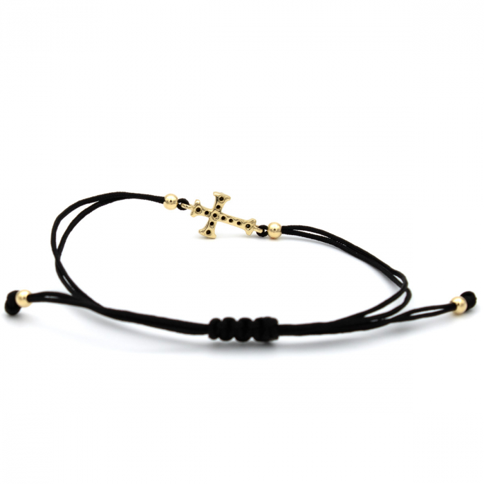 Brățară Blessing din aur 14K cu cruce și șnur negru, unisex, ajustabilă [8]
