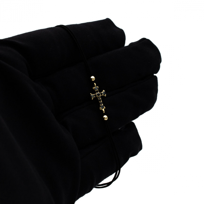 Brățară Blessing din aur 14K cu cruce și șnur negru, unisex, ajustabilă [3]