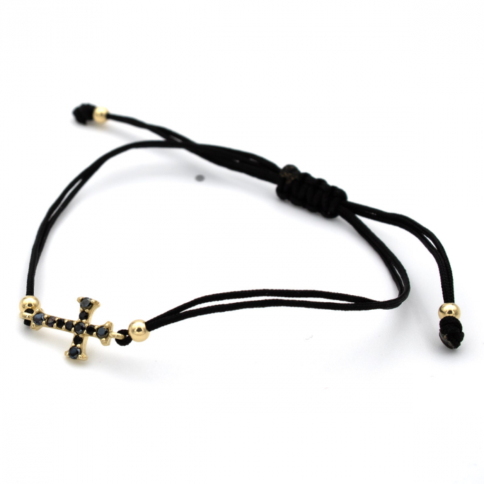 Brățară Blessing din aur 14K cu cruce și șnur negru, unisex, ajustabilă [4]