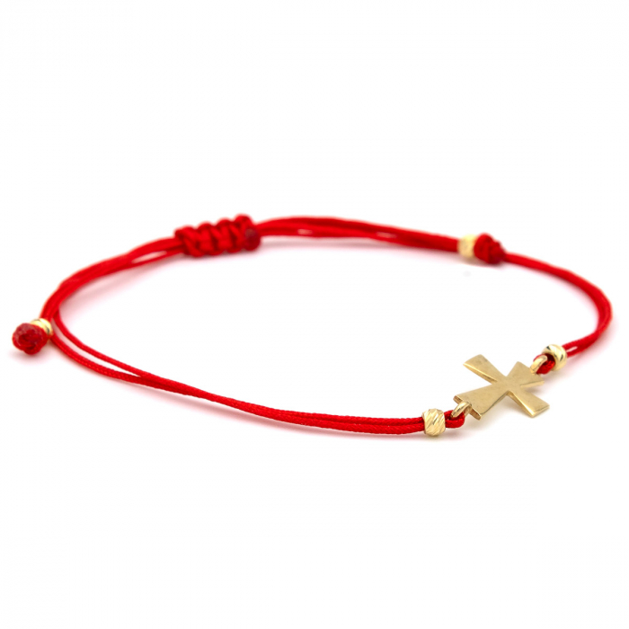Brățară Soul din aur galben de 14K cu cruce și șnur roșu ajustabil [6]