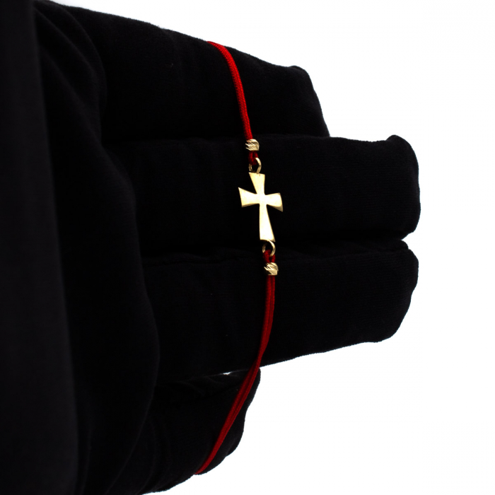 Brățară Soul din aur galben de 14K cu cruce și șnur roșu ajustabil [3]