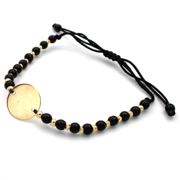 Brățară unisex cu șnur negru, biluțe onix și bănuț din aur galben 14K [4]