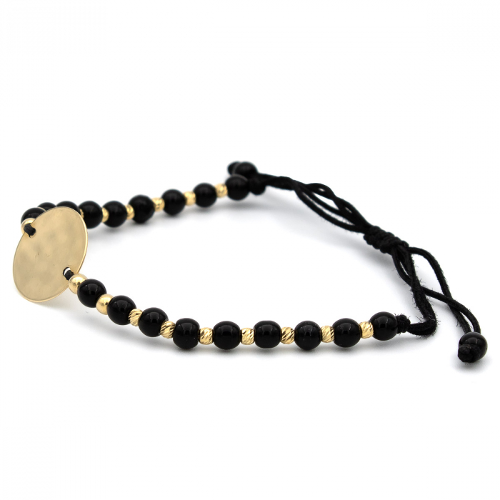 Brățară unisex cu șnur negru, biluțe onix și bănuț din aur galben 14K [7]