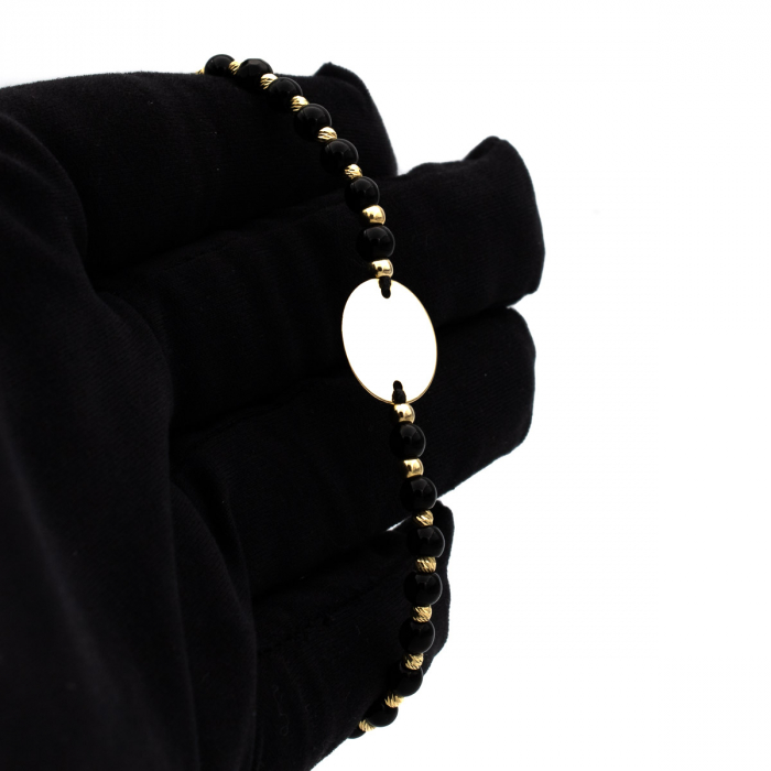 Brățară unisex cu șnur negru, biluțe onix și bănuț din aur galben 14K [3]