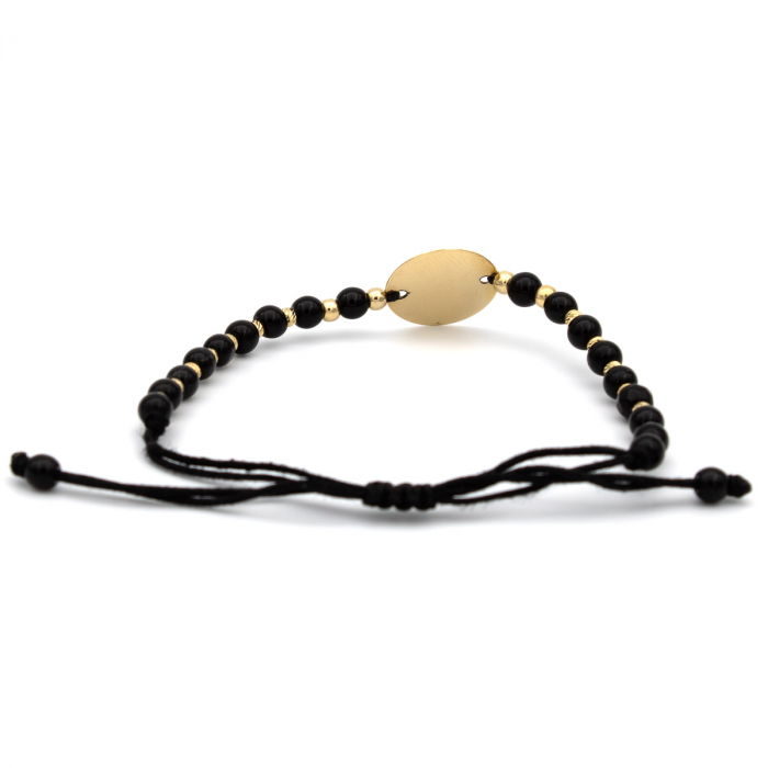 Brățară unisex cu șnur negru, biluțe onix și bănuț din aur galben 14K [8]