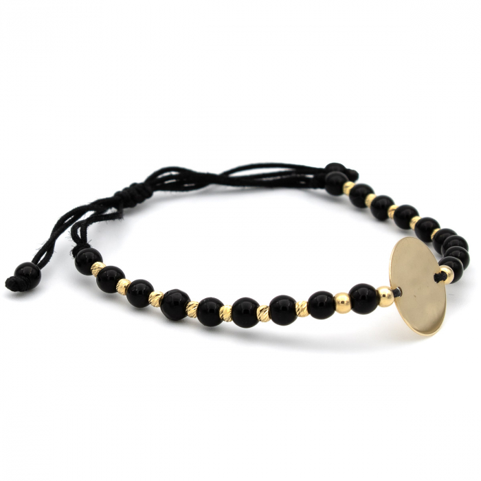 Brățară unisex cu șnur negru, biluțe onix și bănuț din aur galben 14K [6]