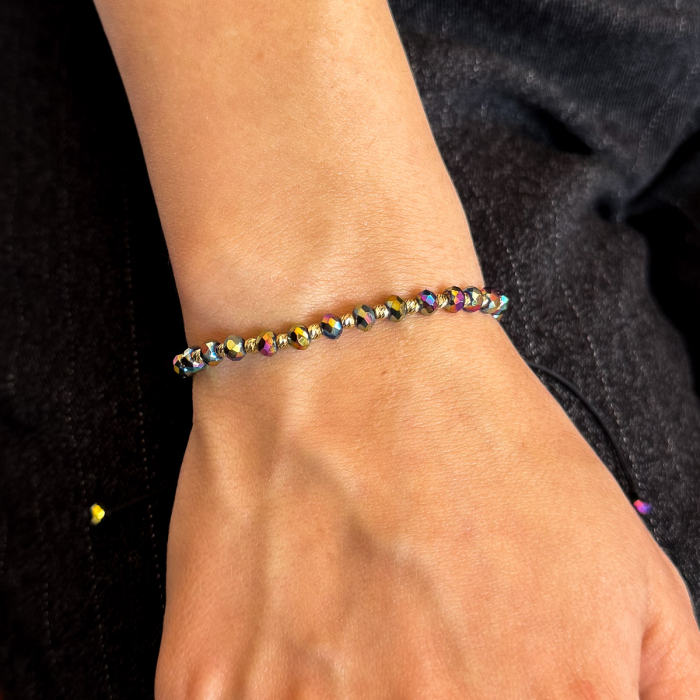 Brățară unisex Aurora cu bile multicolore și aur de 14K, șnur negru [2]