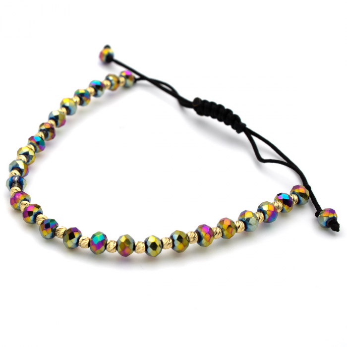 Brățară unisex Aurora cu bile multicolore și aur de 14K, șnur negru [4]