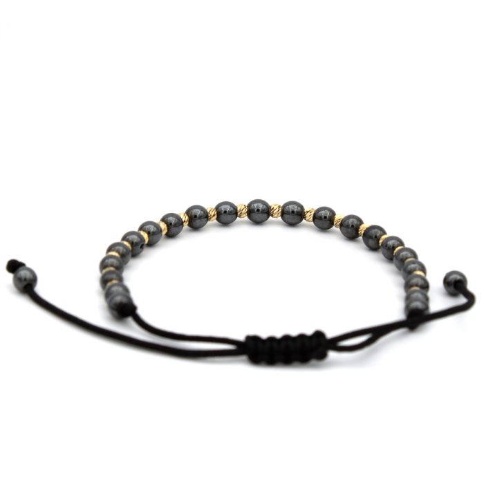 Brățară unisex cu biluțe gri și aur galben 14K – șnur negru ajustabil [8]