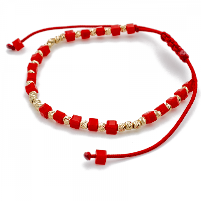 Bratara cu bile din Aur 14k, cuburi Onix si snur Rosu [2]
