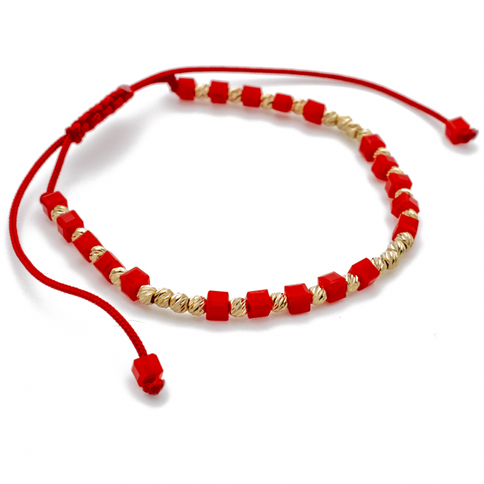 Bratara cu bile din Aur 14k, cuburi Onix si snur Rosu [3]