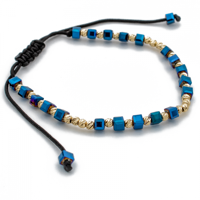 Bratara cu bile din Aur 14k, cuburi Onix si snur Negru [3]