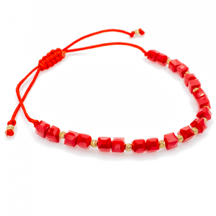 Bratara cu bile din Aur 14k, cuburi Onix si snur Rosu [3]