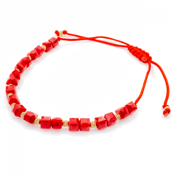 Bratara cu bile din Aur 14k, cuburi Onix si snur Rosu [2]