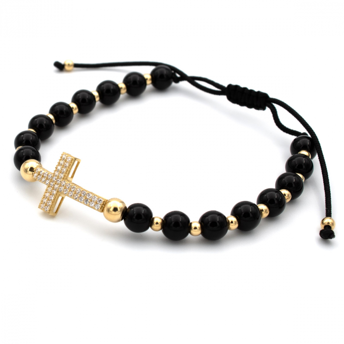 Brățară cu cruce din aur 14K, bile onix și zirconii – model Faith Glow [4]