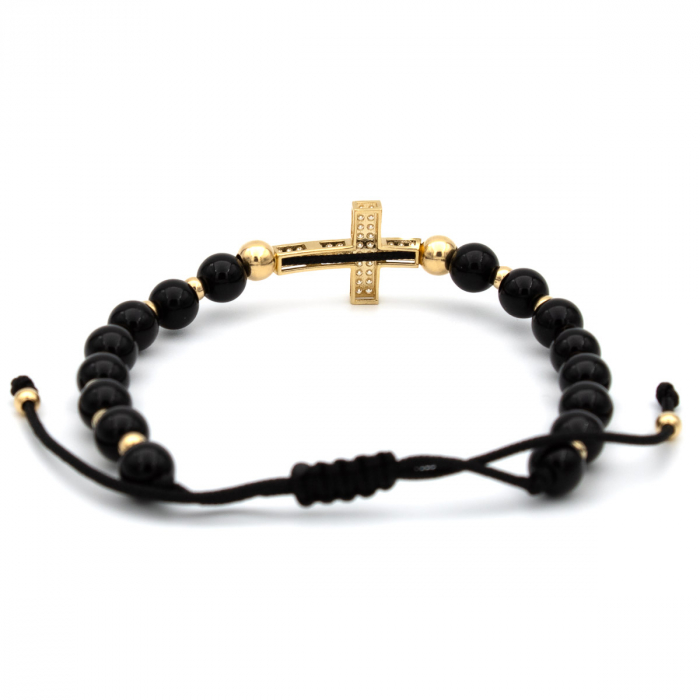 Brățară cu cruce din aur 14K, bile onix și zirconii – model Faith Glow [8]