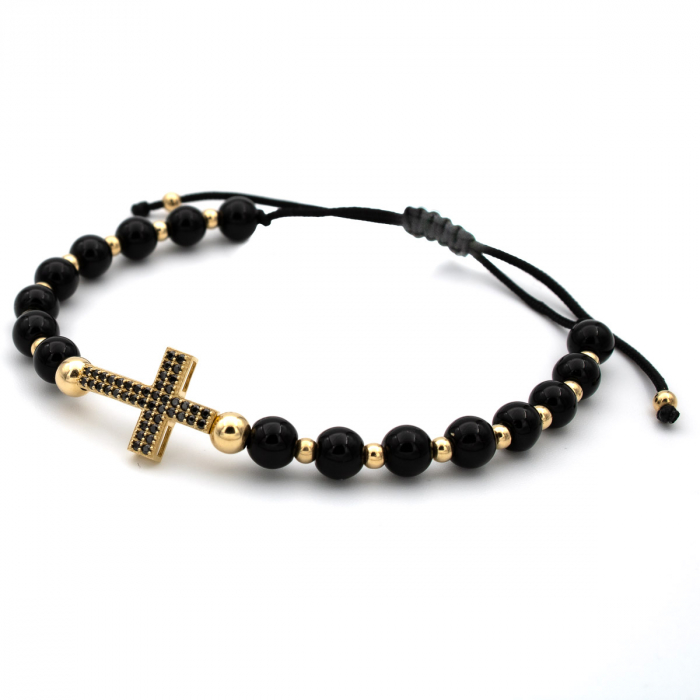 Brățară cu cruce din Aur 14K și Onix – Model Faith, unisex [4]