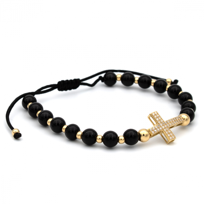 Brățară cu cruce din aur 14K, bile onix și zirconii – model Faith Glow [7]