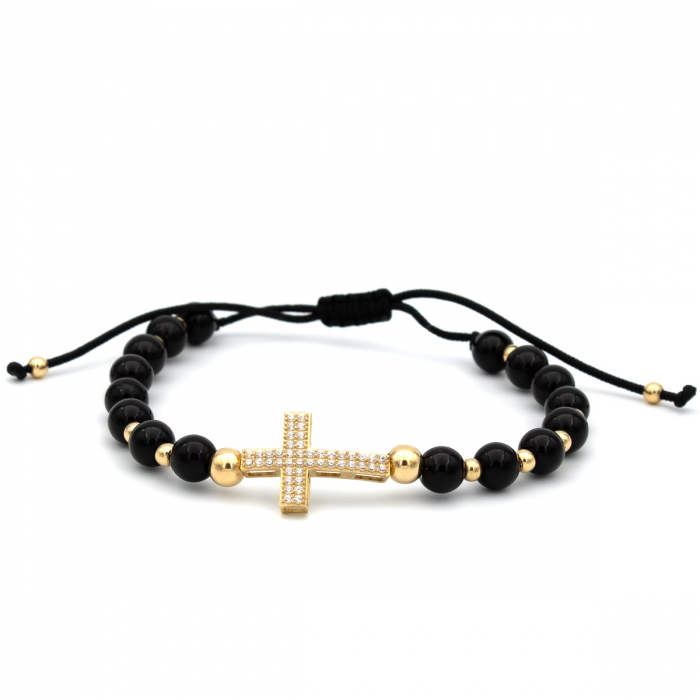 Brățară cu cruce din aur 14K, bile onix și zirconii – model Faith Glow [1]