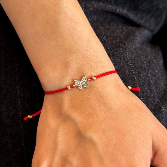 Brățară cu fluture din aur galben 14K și șnur roșu [2]