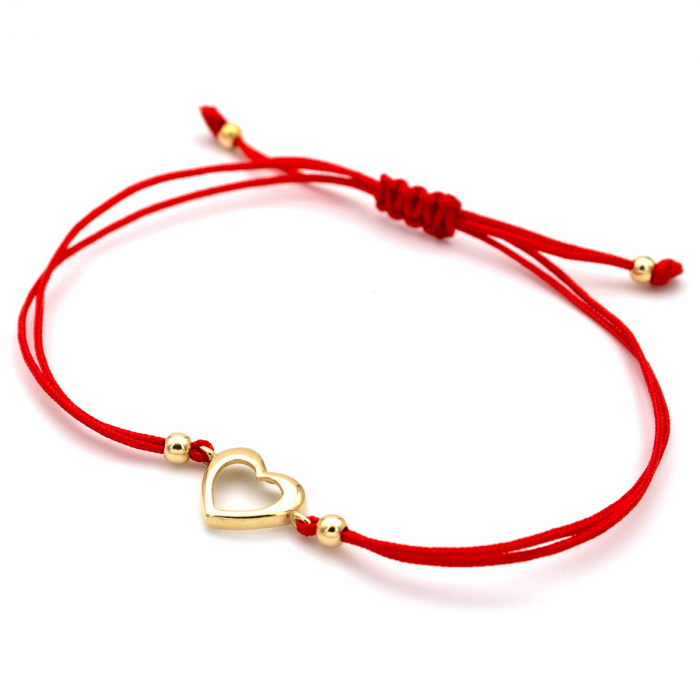Brățară cu inimă contur din aur galben 14K și șnur roșu [4]