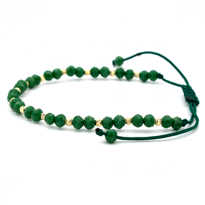 Brățară cu șnur verde și bile verzi Zest din aur galben 14K [6]