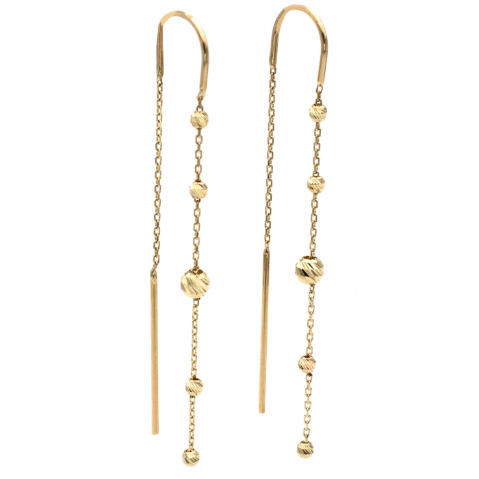Cercei lungi din aur galben 14K cu lanț și biluțe texturate – model Arlena [3]