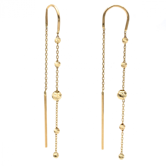 Cercei lungi din aur galben 14K cu lanț și biluțe texturate – model Arlena [2]