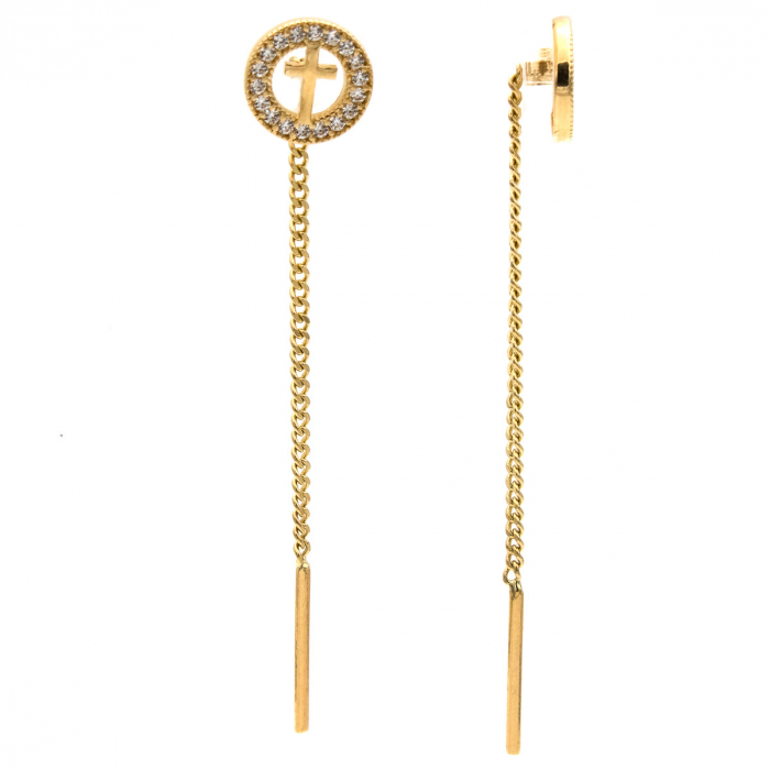 Cercei din aur galben 14K cu cruce și cerc cu zirconii – model Protect [2]