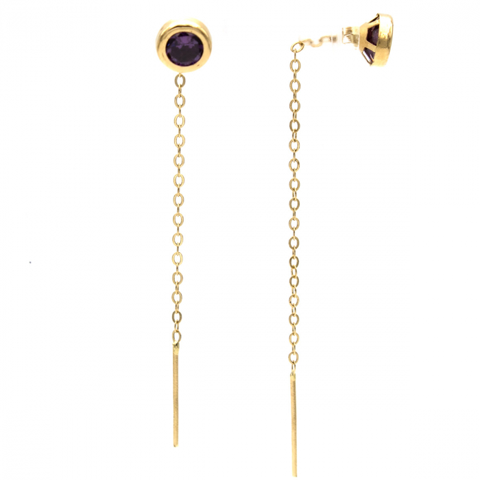 Cercei aur 14K cu piatră mov rotundă și lanț subțire – model Purple [2]