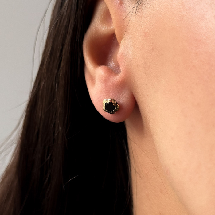 Cercei Mystic Flower din aur 14K – Formă florală, piatră neagră [3]