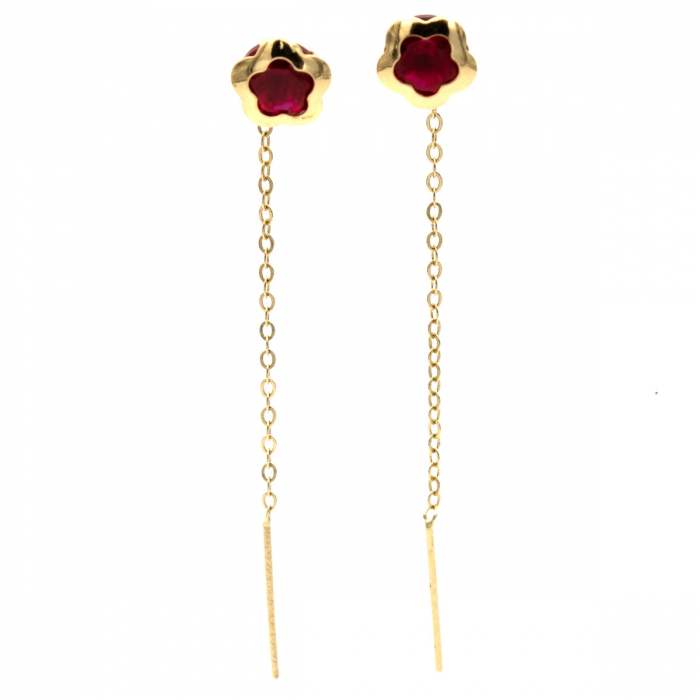 Cercei aur 14K cu floare roșie și lanț delicat – model Red Bloom [1]