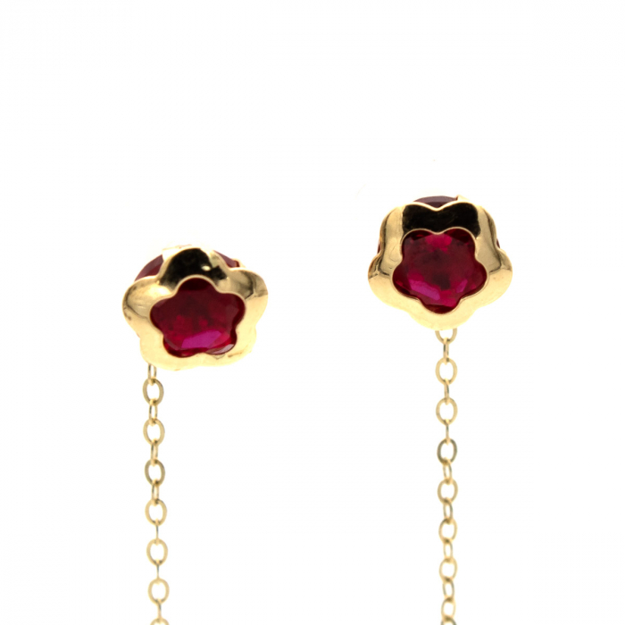 Cercei aur 14K cu floare roșie și lanț delicat – model Red Bloom [4]
