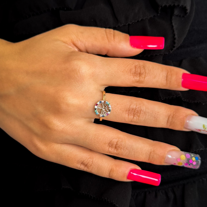 Inel Copacul Vieții cu pietre zirconia curcubeu, aur galben 14K – GOLD PIC [2]