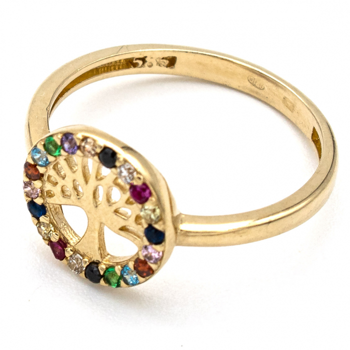 Inel Copacul Vieții cu pietre zirconia curcubeu, aur galben 14K – GOLD PIC [4]