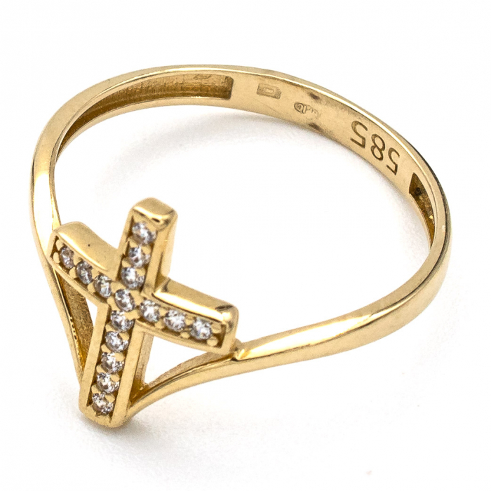 Inel elegant din aur galben 14K cu cruce și zirconii albe – GOLD PIC [4]