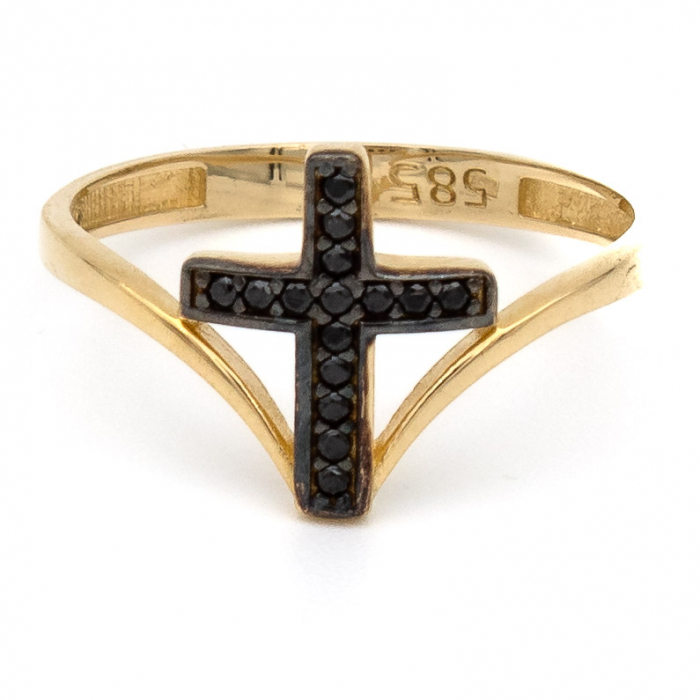 Inel Cruce cu Pietre Negre din aur galben 14K – GOLD PIC [1]