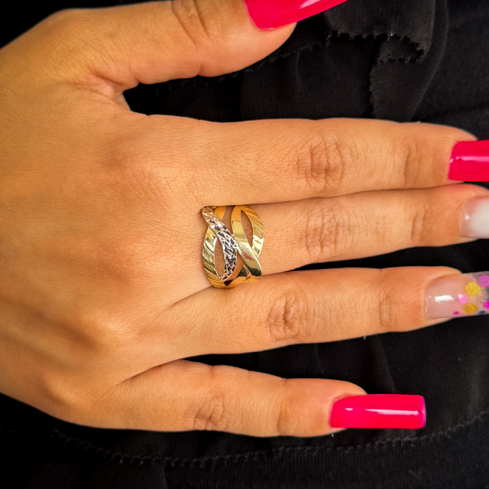 Inel aur galben și alb 14K cu design modern – linii suprapuse [2]