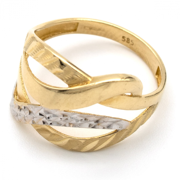 Inel aur galben și alb 14K cu design modern – linii suprapuse [4]
